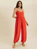Button Front Lace Trim V-Neck Spaghetti Strap Jumpsuit