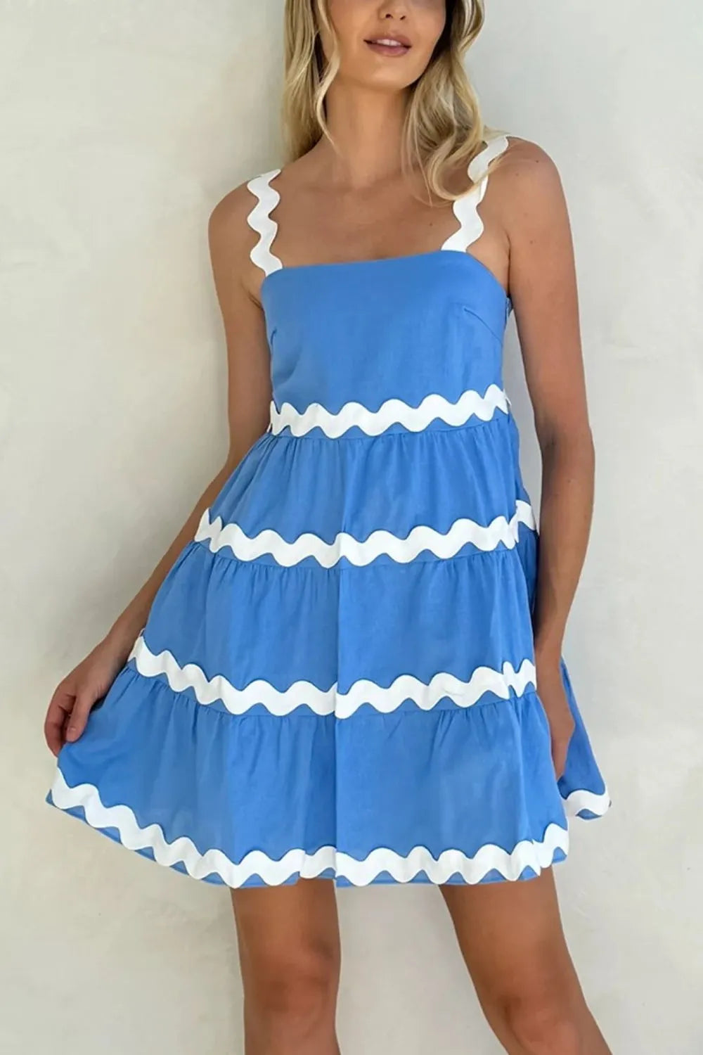 Contrast Trim Square Neck Tiered Dress