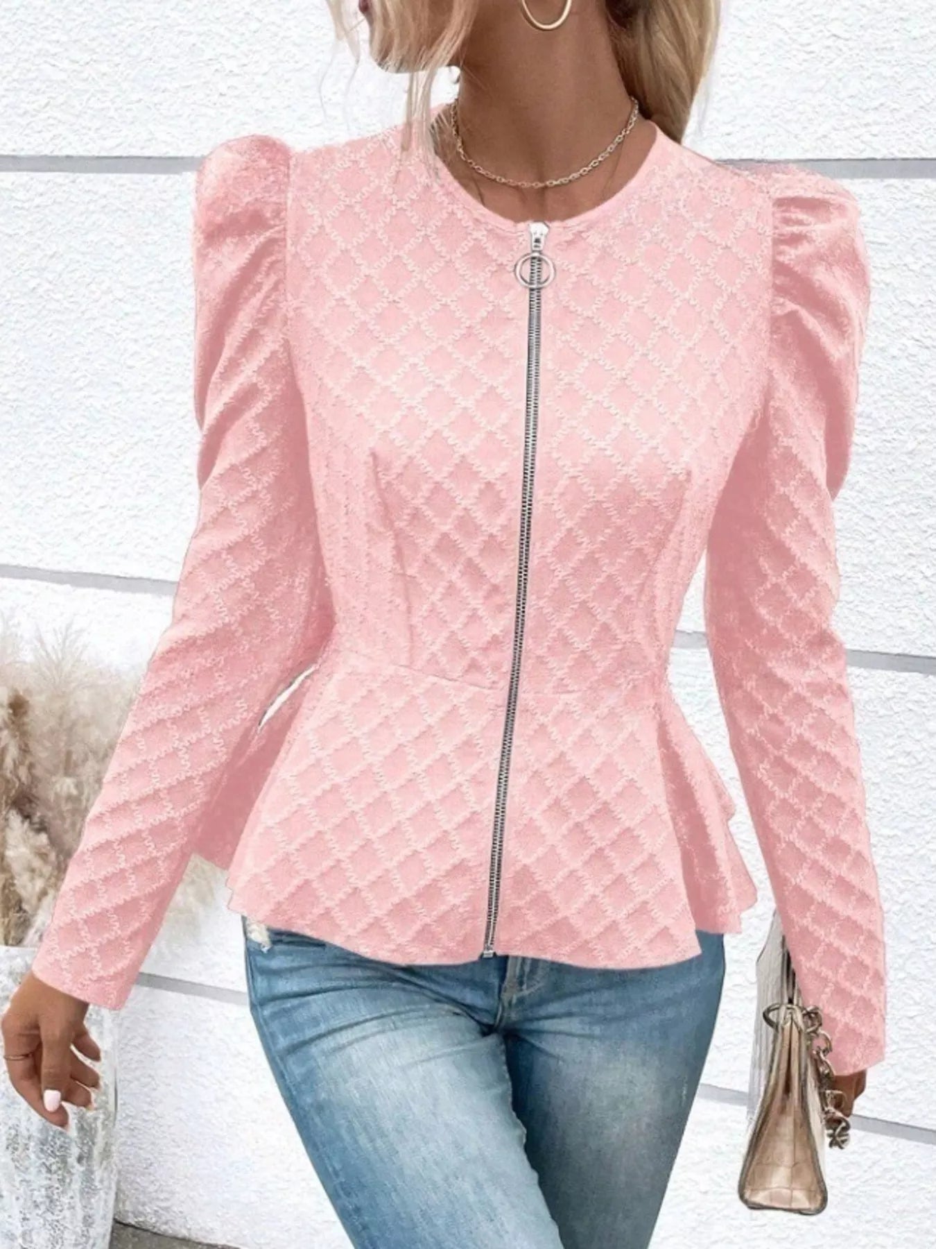 Puff Sleeve Textured Jacquard Jacket