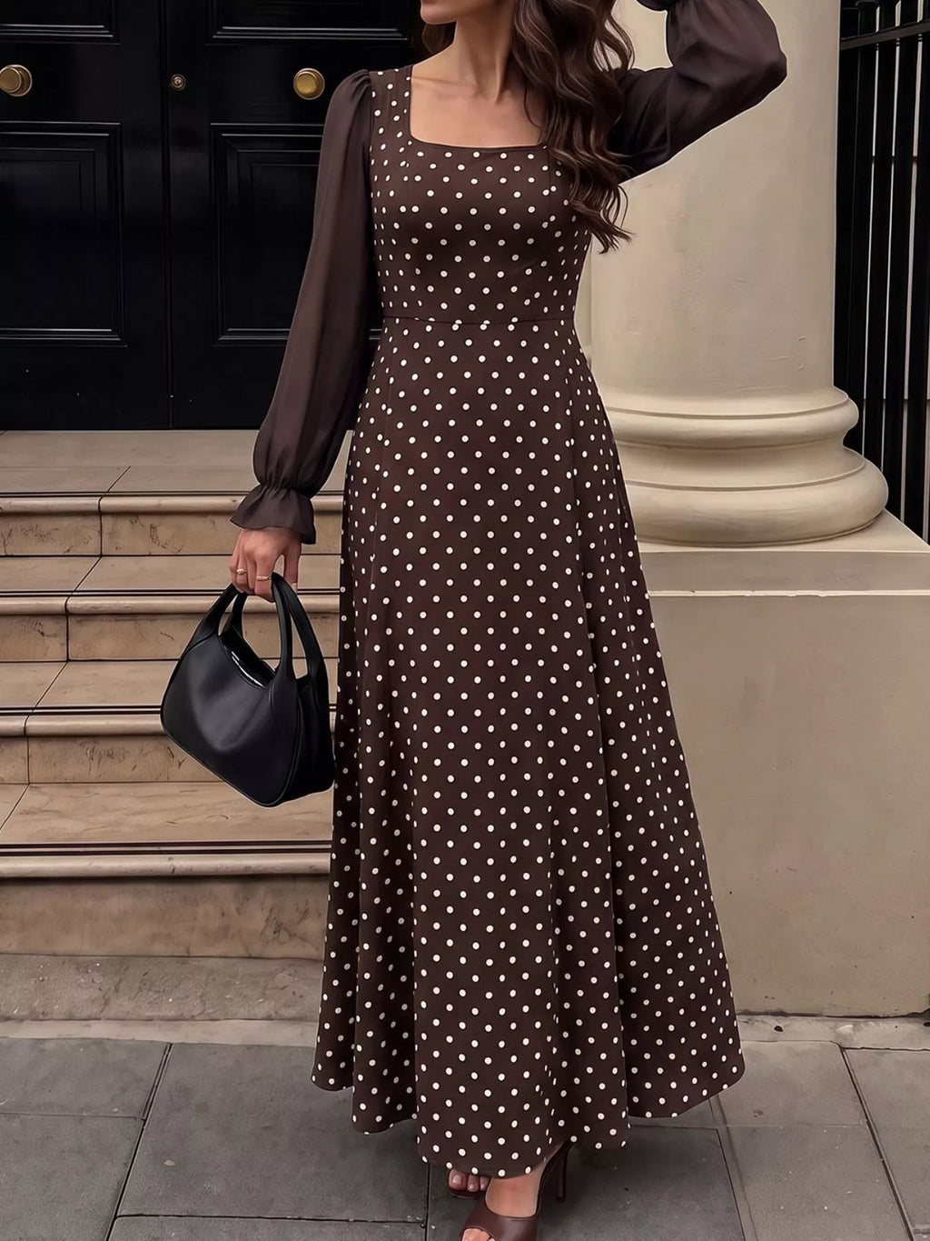 Polka Dot Square Neck Long Sleeve Maxi Dress