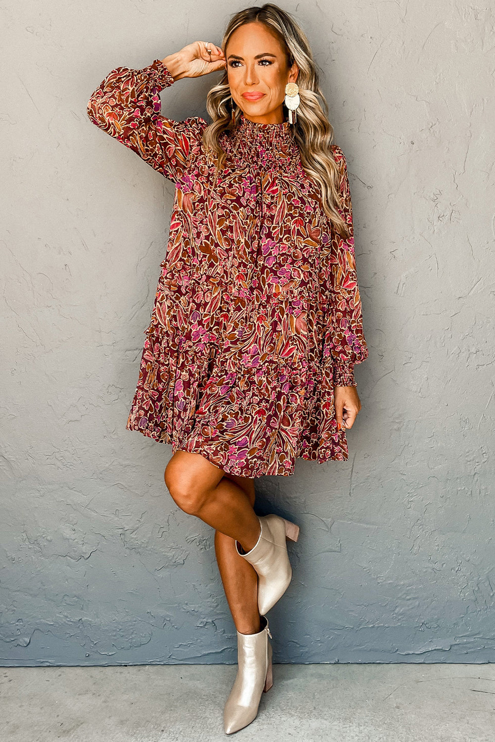 Red Floral Print Long Sleeve Shirred High Neck Loose Mini Dress