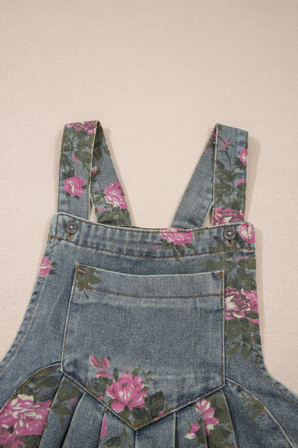 Gray Beau Floral Print Pleated High Waist Wide Leg Denim Jumpsuit