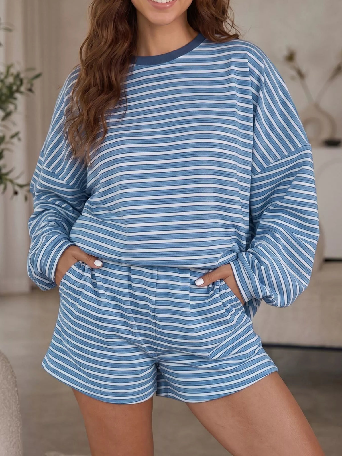 Striped Long Sleeve Top and Shorts Set