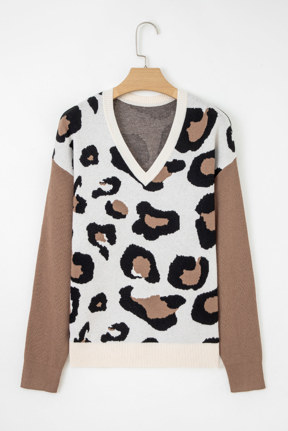 Leopard Colorblock Drop Shoulder V-Neck Sweater