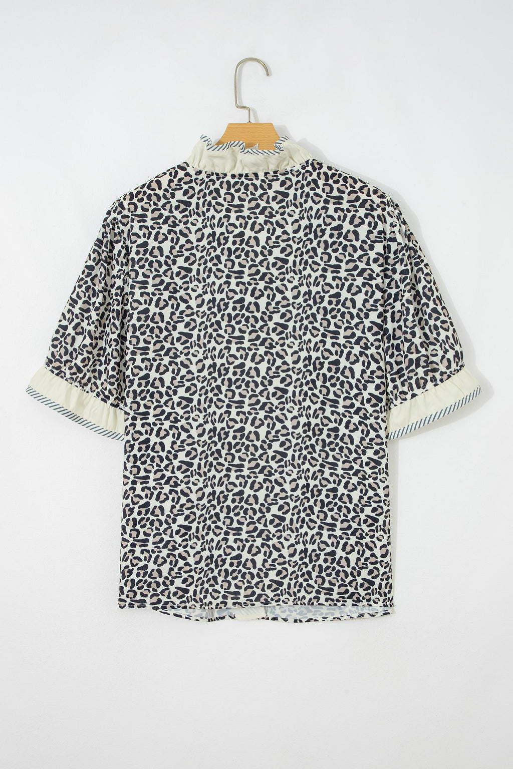 Black Plus Leopard Print Striped Color Block Trim Frilled V Neck Short Sleeve Blouse