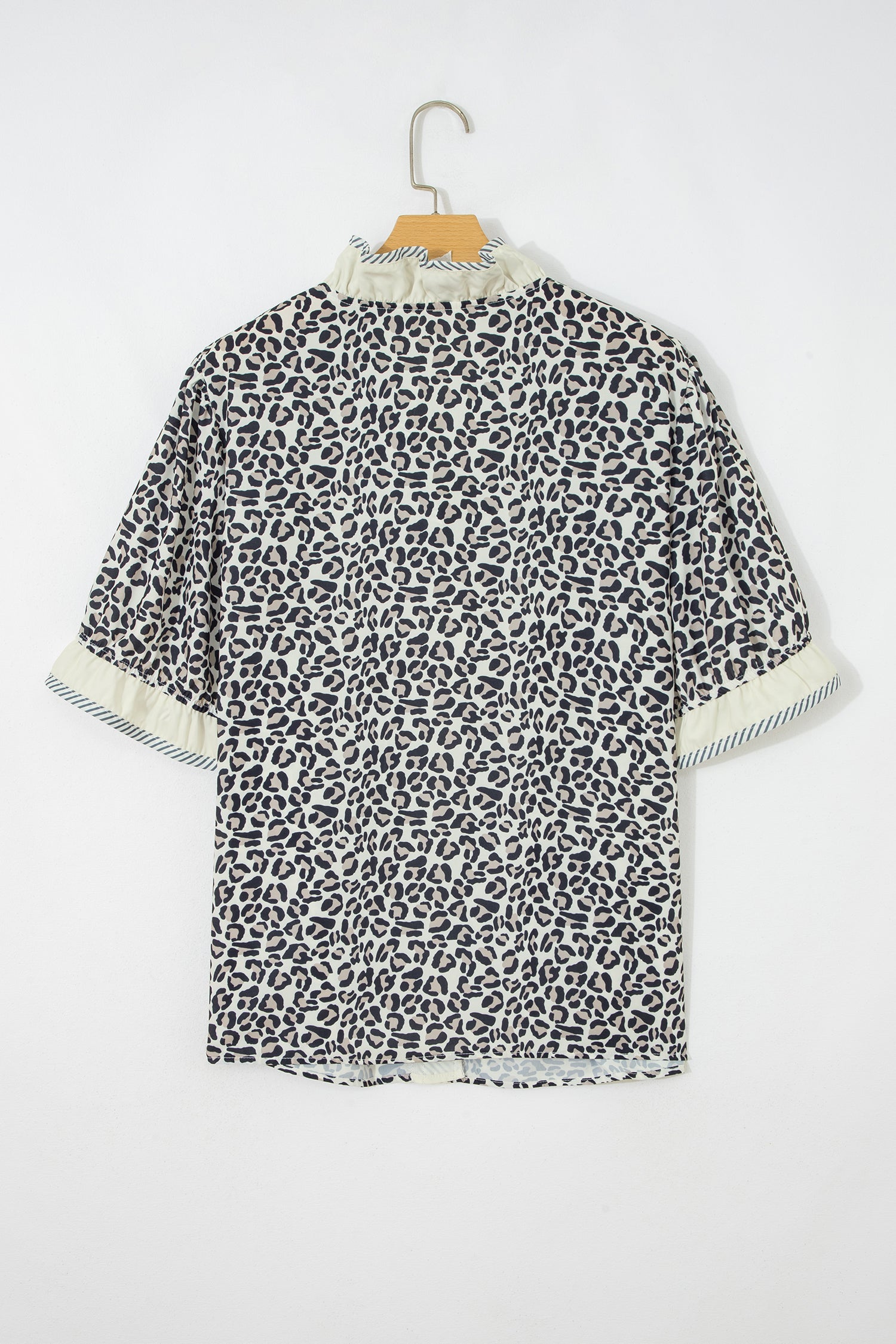 Black Plus Leopard Print Striped Color Block Trim Frilled V Neck Short Sleeve Blouse