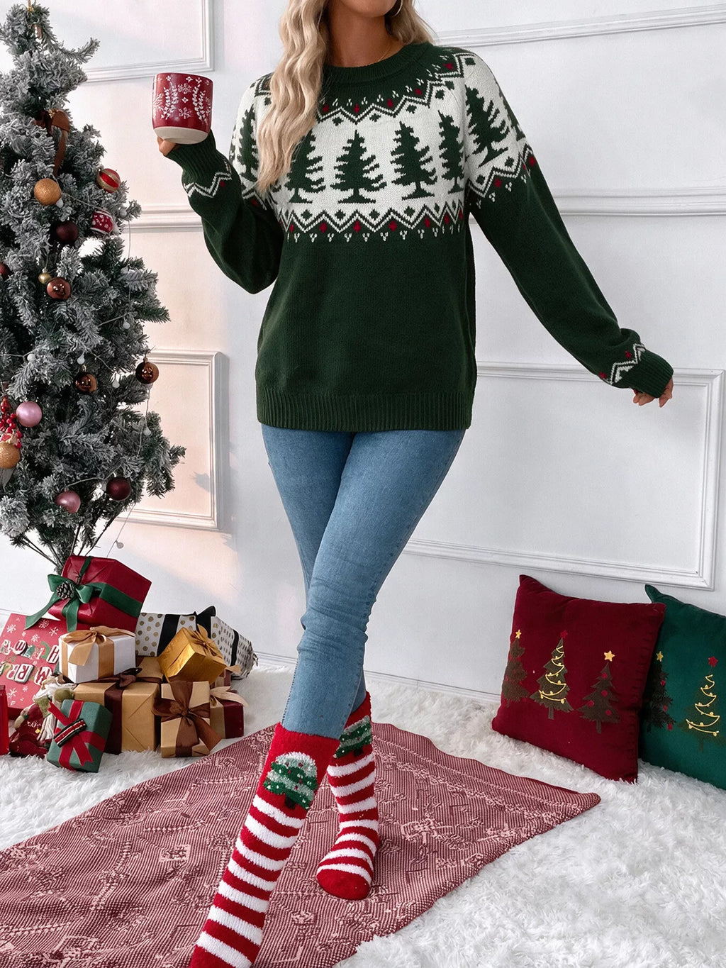 Christmas Tree Pattern Round Neck Sweater