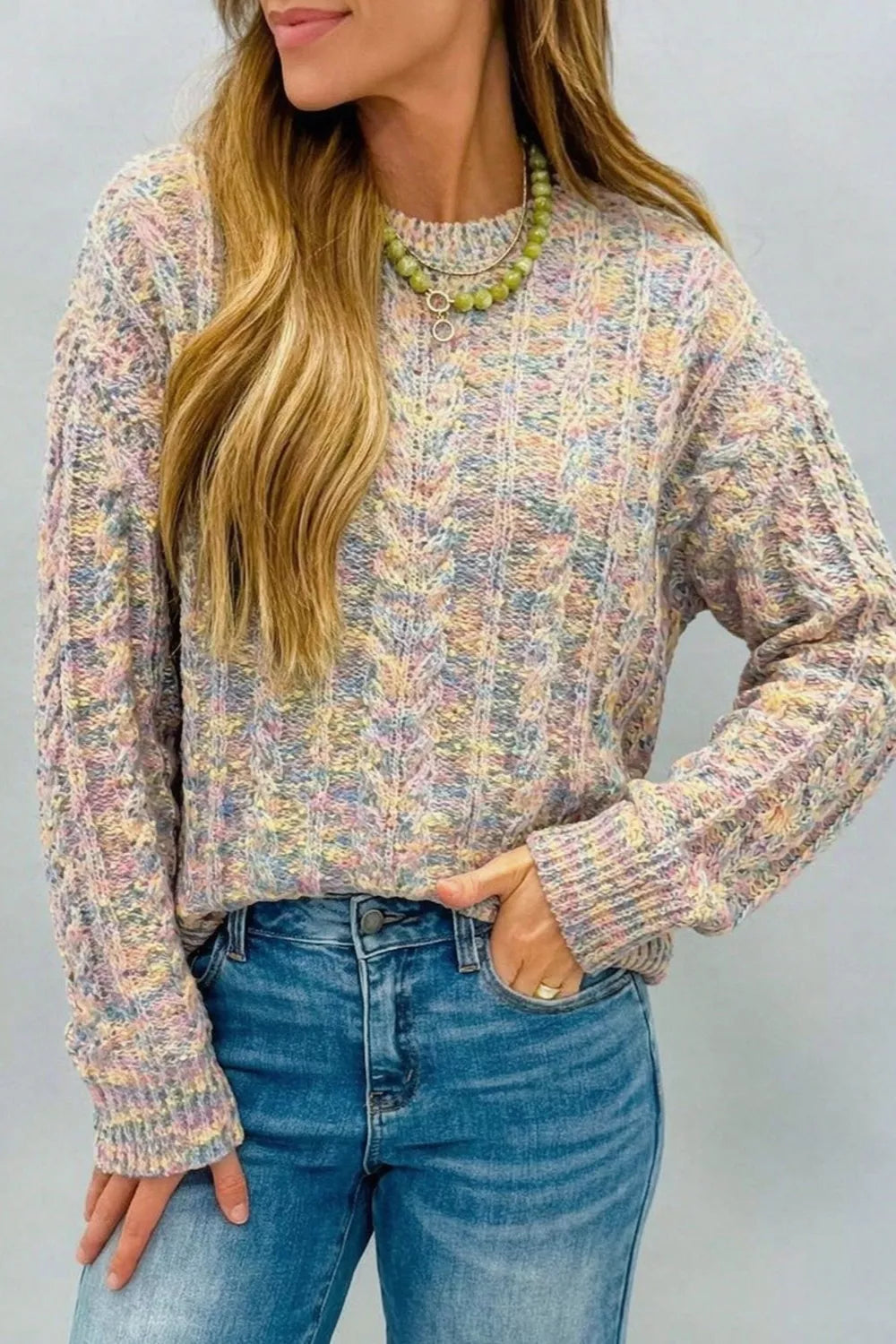 Multicolor Cable Knit Dropped Shoulder Sweater