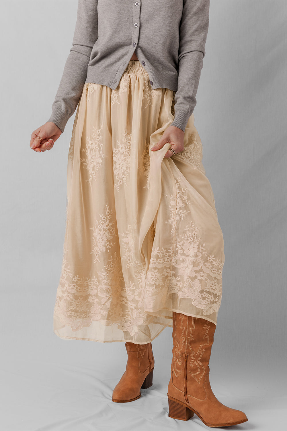 Solid Embroidered Mesh Overlay Midi Skirt