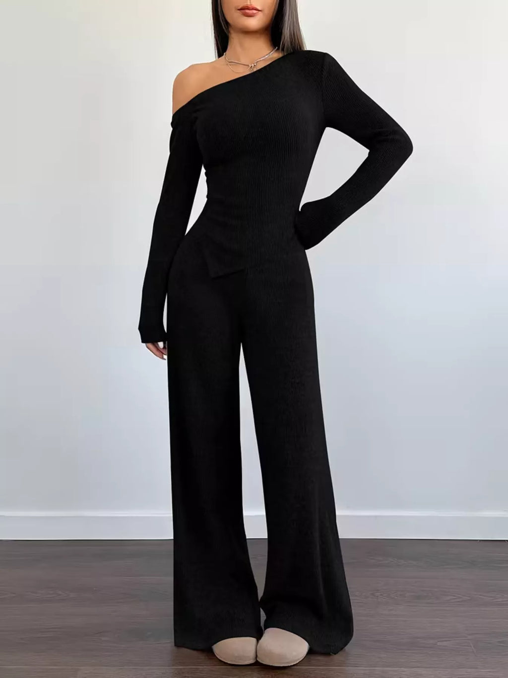 Chic One-Shoulder Asymmetrical Top and Wide-Leg Pants Set