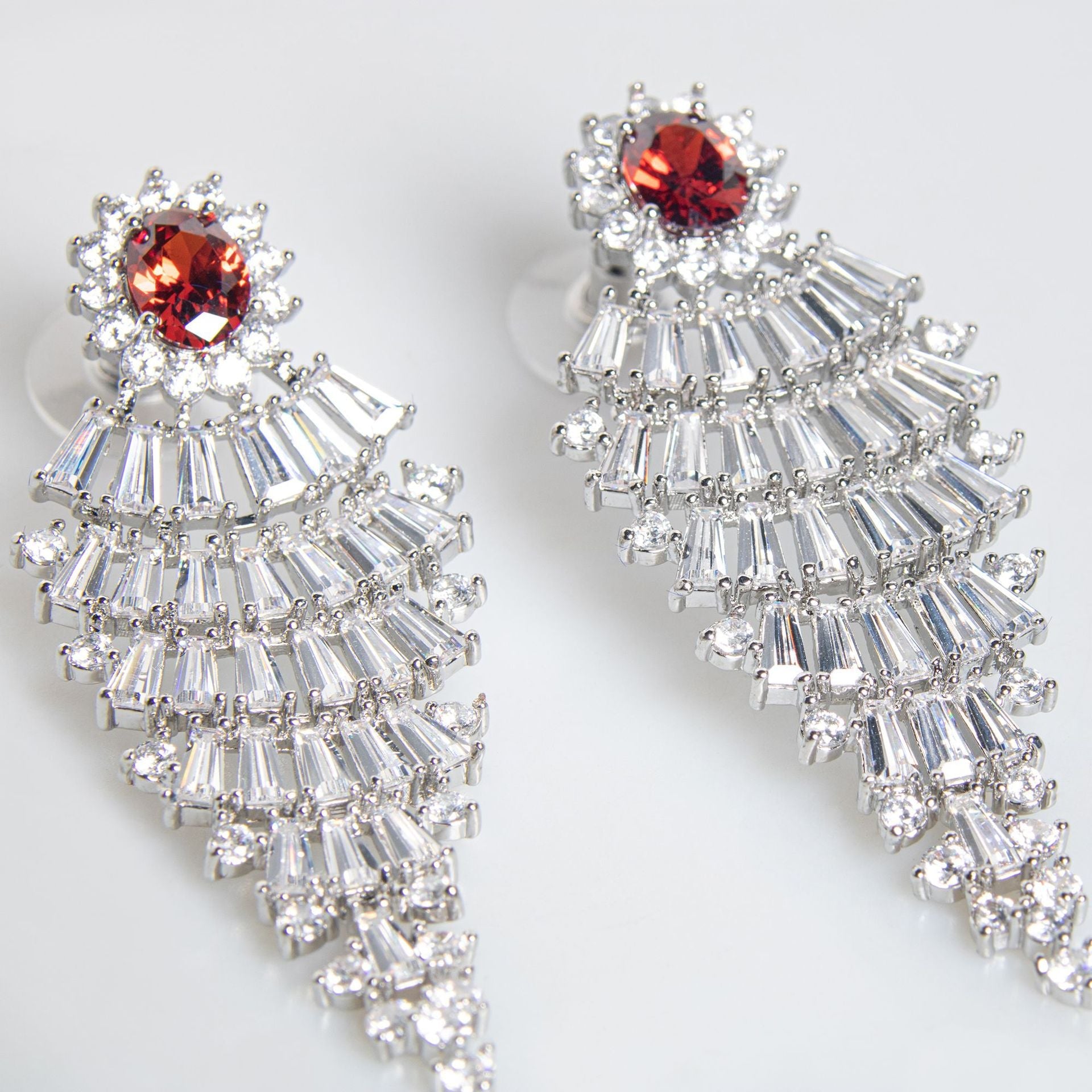 Floral Red Zircon Waterfall Dangle Earrings Statement Inlaid Zircon Earrings For Women Party Banquet