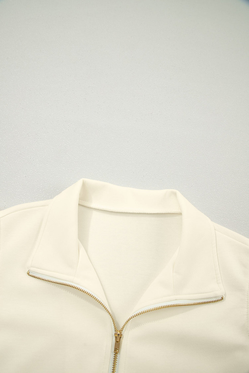 Beige Zipped up Collared Ruffled Short Sleeve Blouse