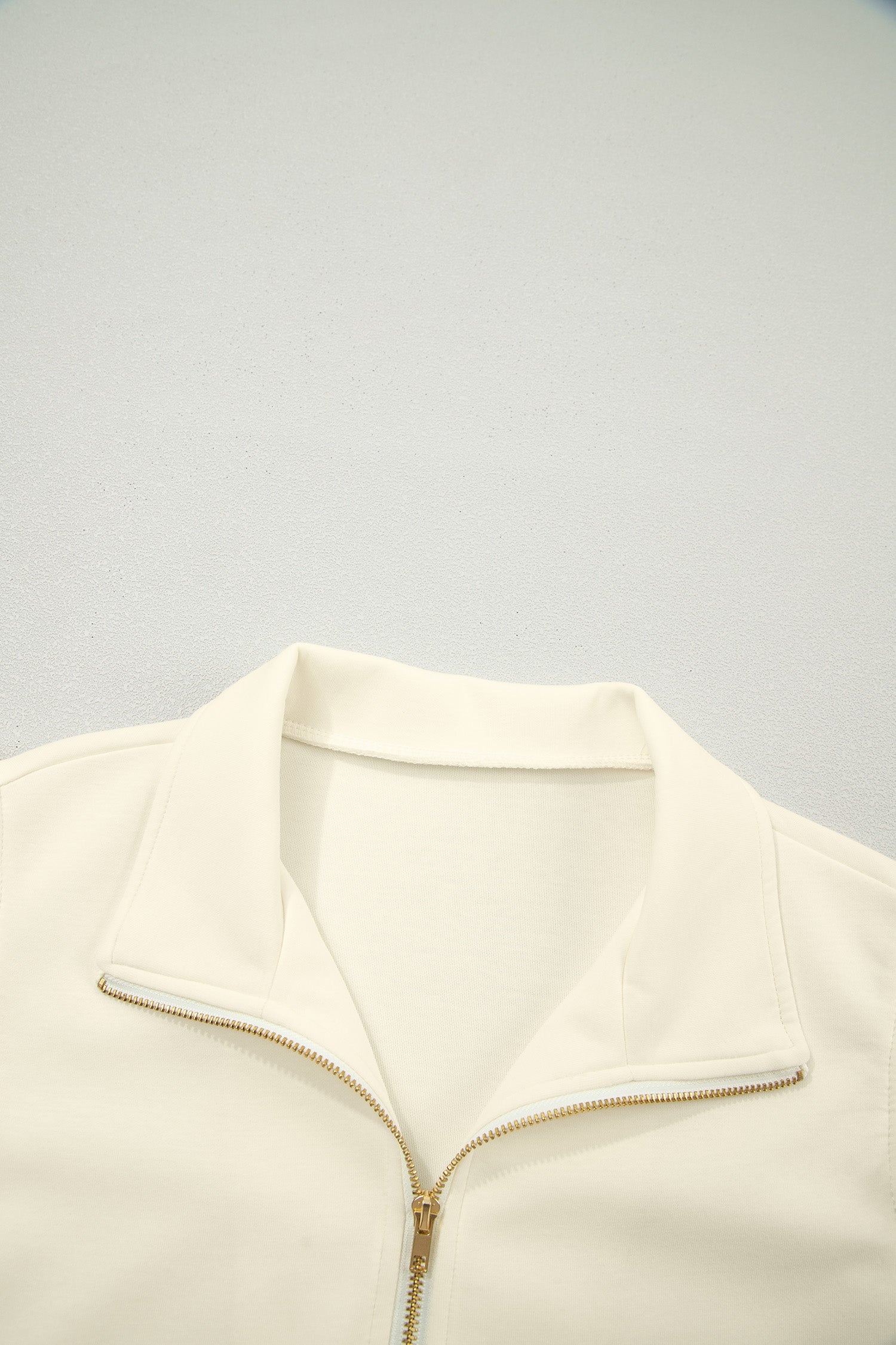 Beige Zipped up Collared Ruffled Short Sleeve Blouse
