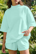 Moonlight Jade Solid Color Exposed Seam Mock Neck Oversize Tee Casual Shorts 2pcs Outfit