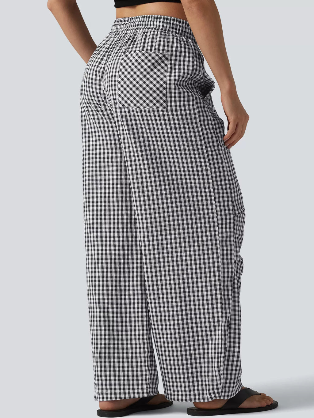 High-Waisted Gingham Wide-Leg Drawstring Pants