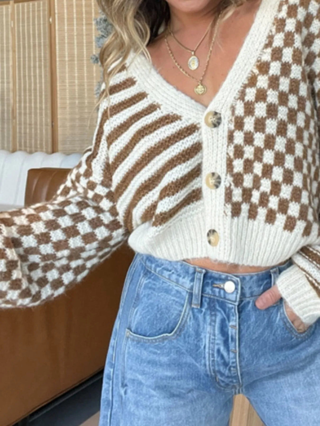Checkered and Striped Button-Front Cropped Cardigan