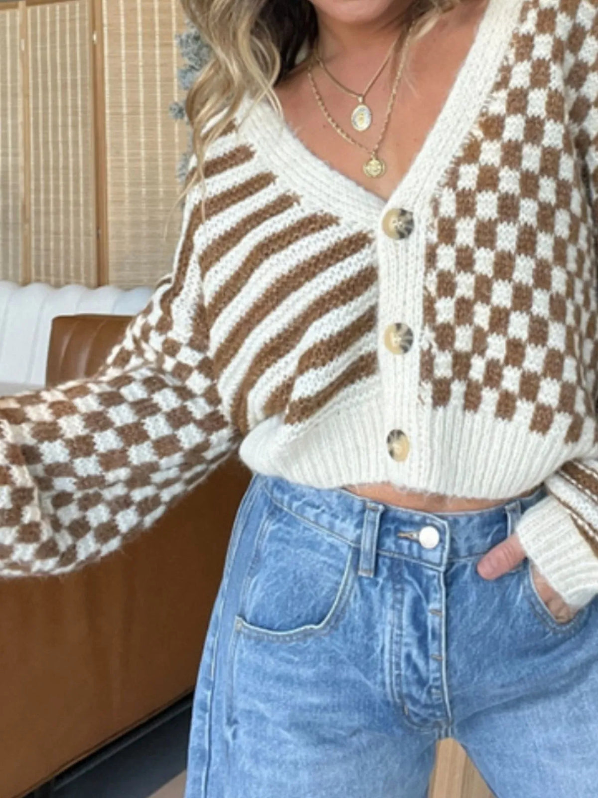 Checkered and Striped Button-Front Cropped Cardigan