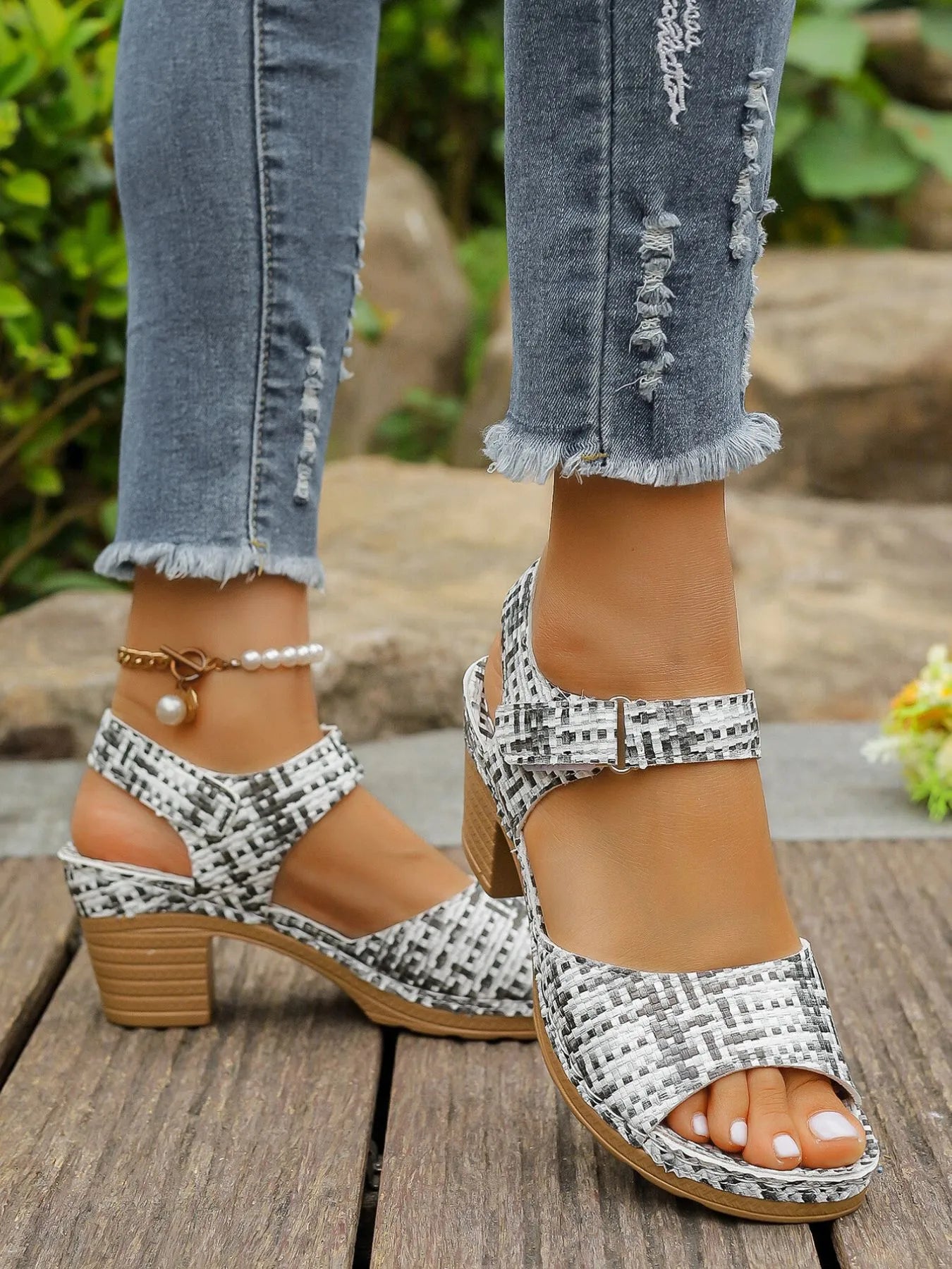 Block Heel Sandals with Ankle Strap
