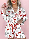 Christmas Deer Print Velvet Trim Top and Shorts Pajama Set