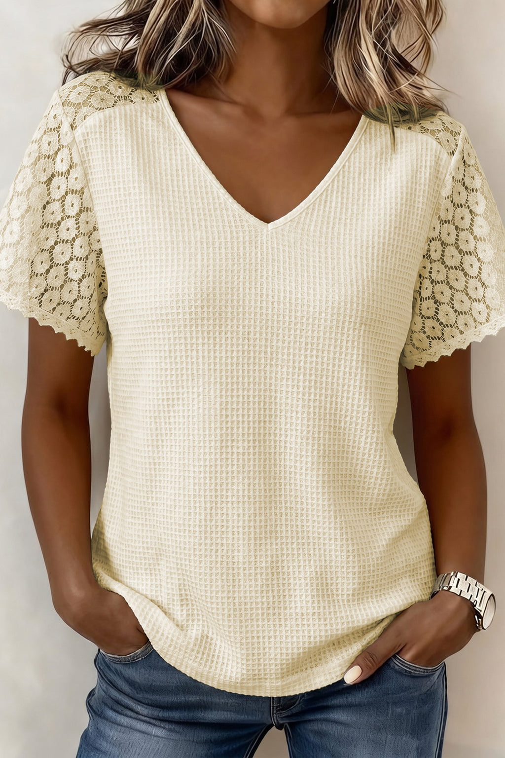 Beige Lace Splicing Button Cutout V Neck Waffle Knit Blouse