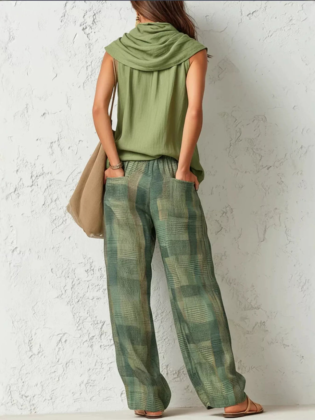 Sleeveless Cowl Neck Top and Plaid Wide-Leg Pant Set