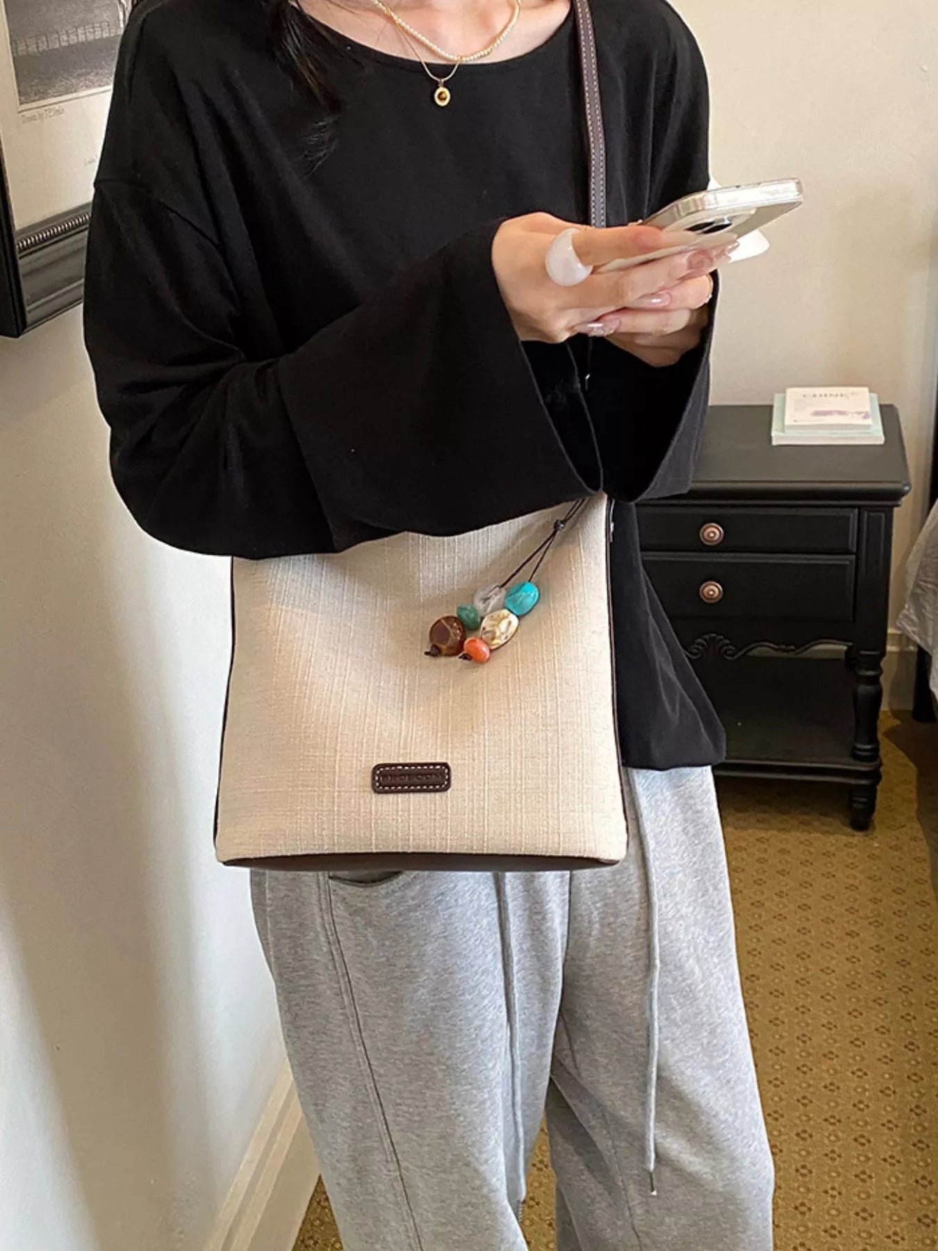 Casual Shoulder Bag with Decorative Charm