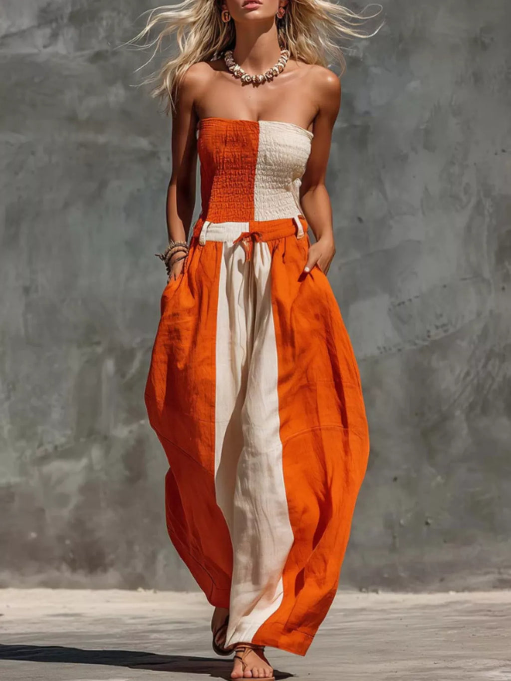 Color-Block Strapless Smocked Jumpsuit