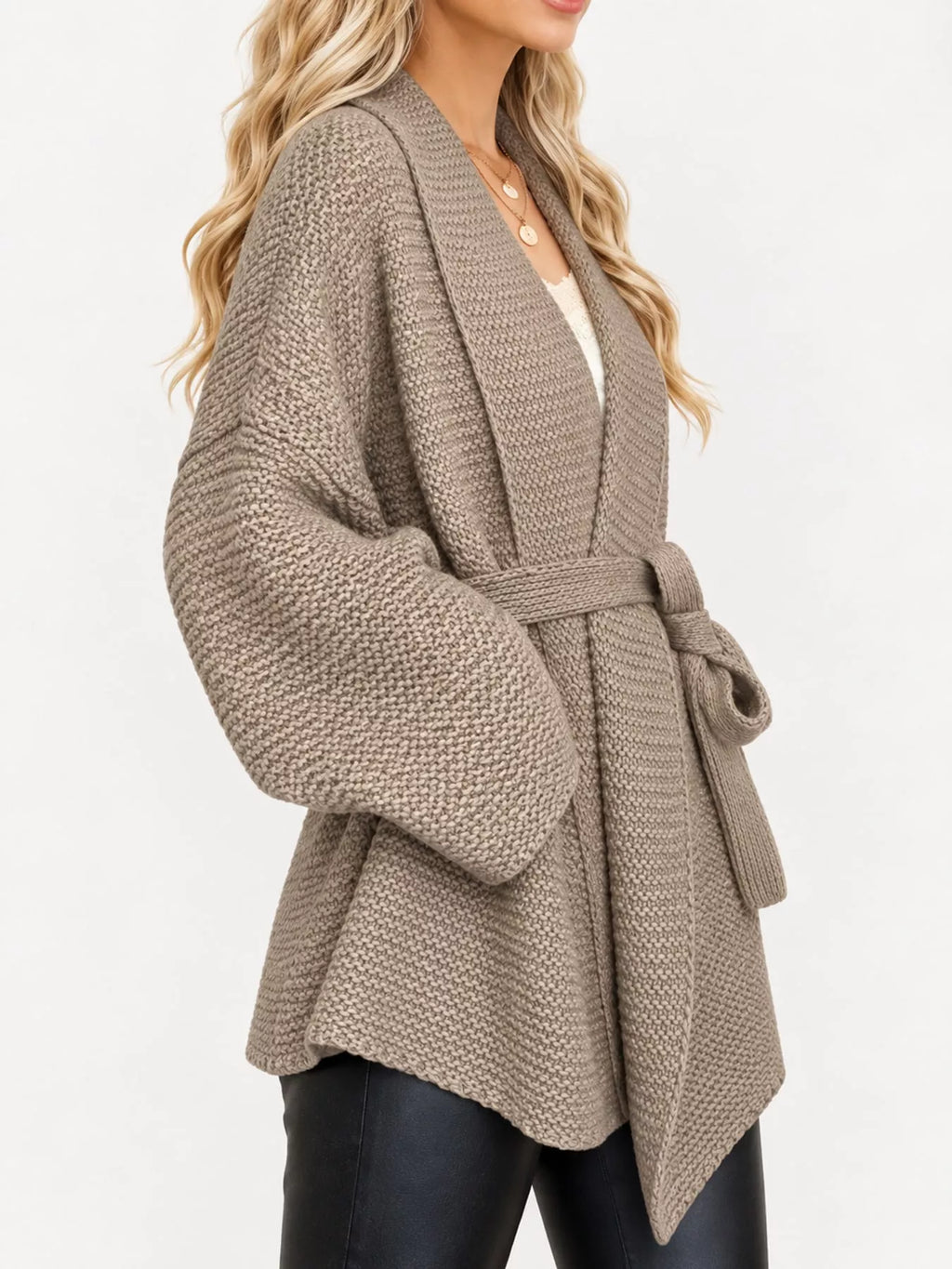 Full Size Belted Open-Front Knit Cardigan Plus Size