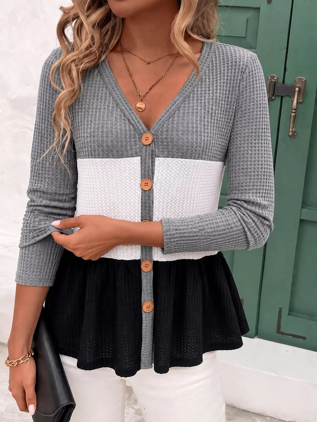 Color Block Waffle Knit Button-Down Cardigan