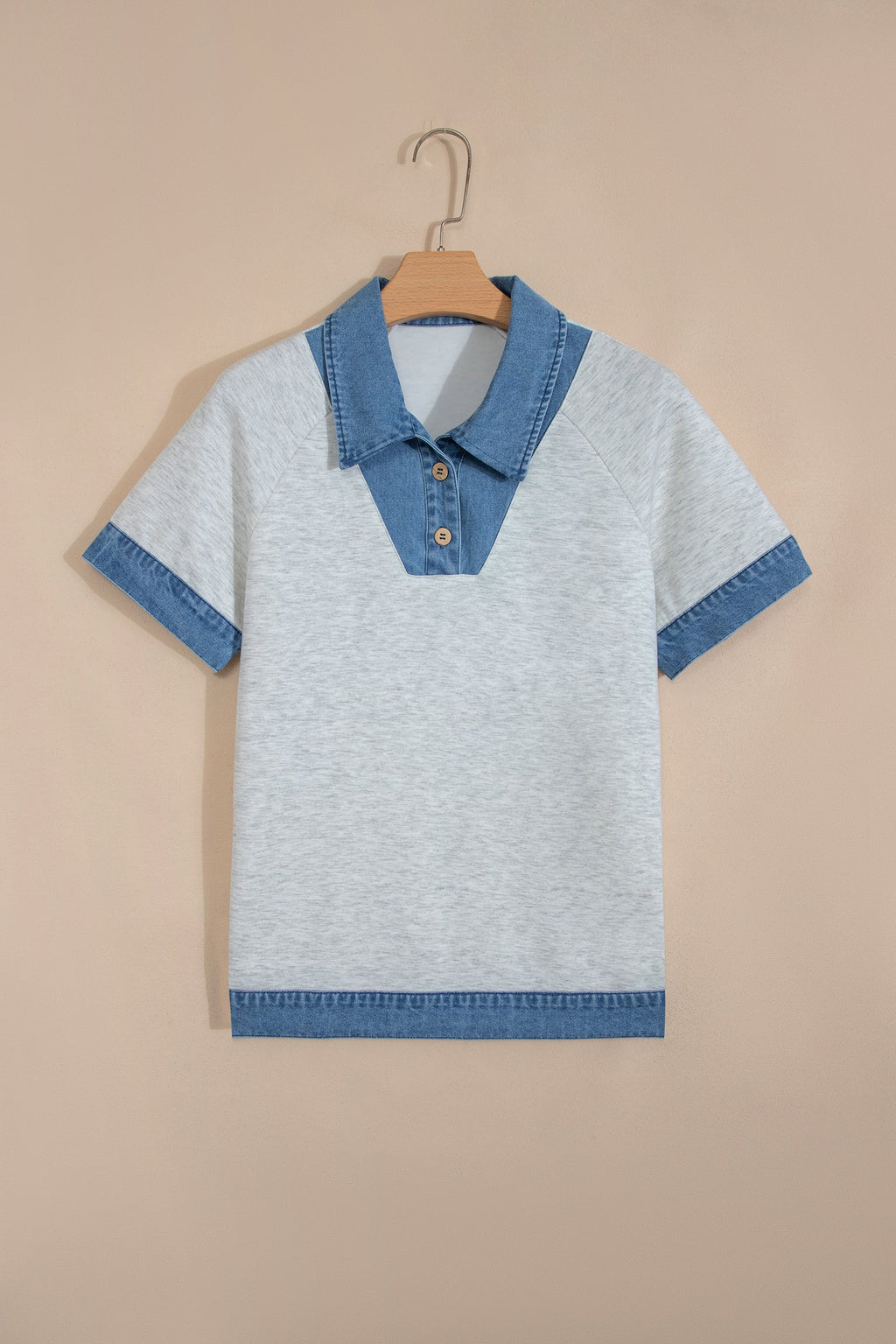 Light Grey Denim Contrast Collar Cuffed Short Sleeve Top