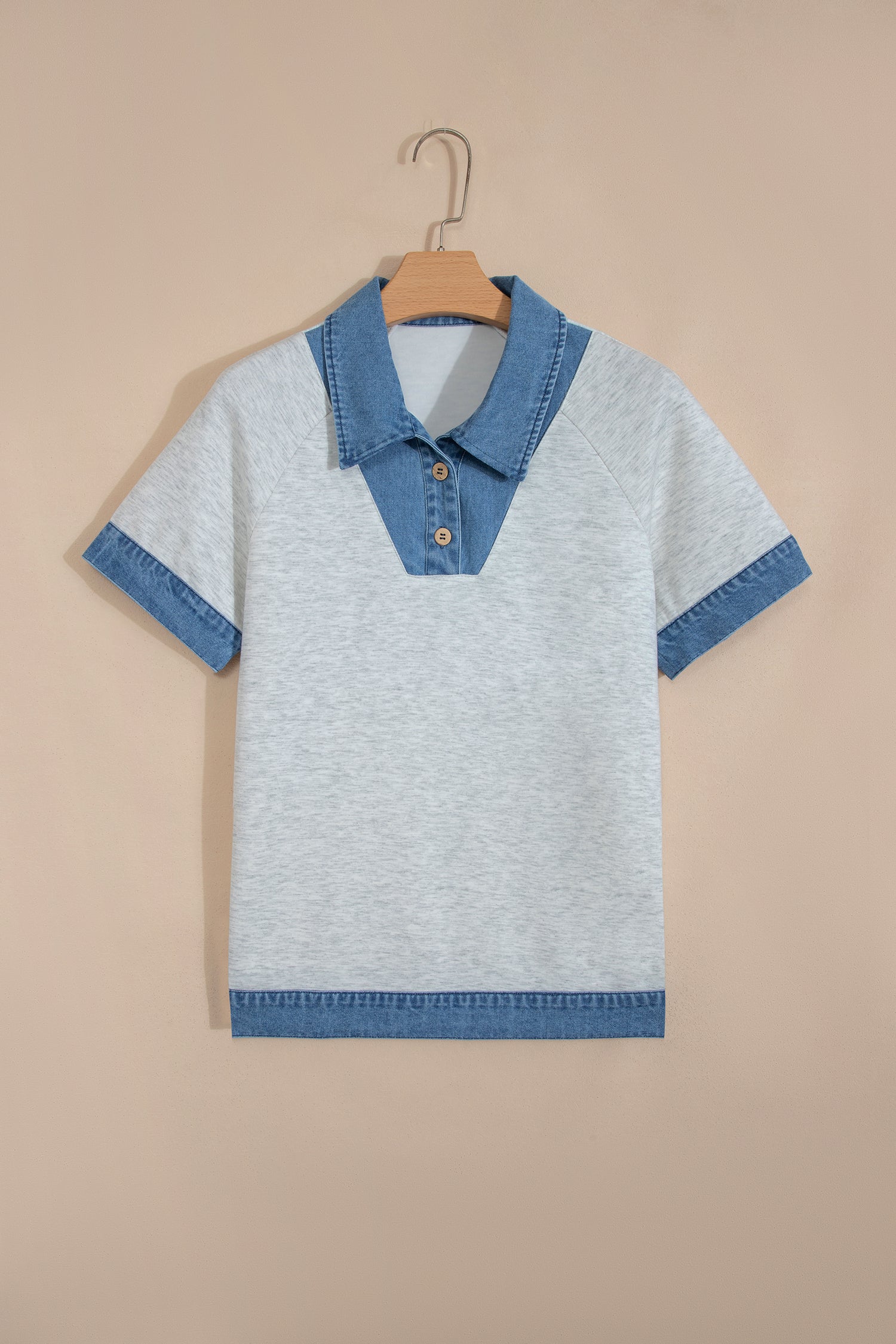 Light Grey Denim Contrast Collar Cuffed Short Sleeve Top