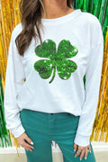 White Sequin 4-leaf Shamrock Long Sleeve Graphic Tee