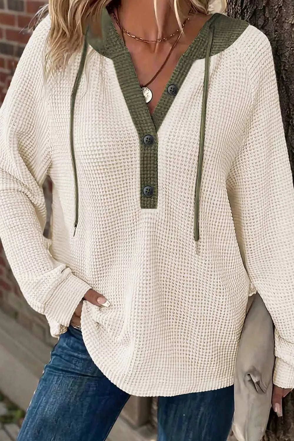 Drawstring Waffle Knit Henley Hoodie