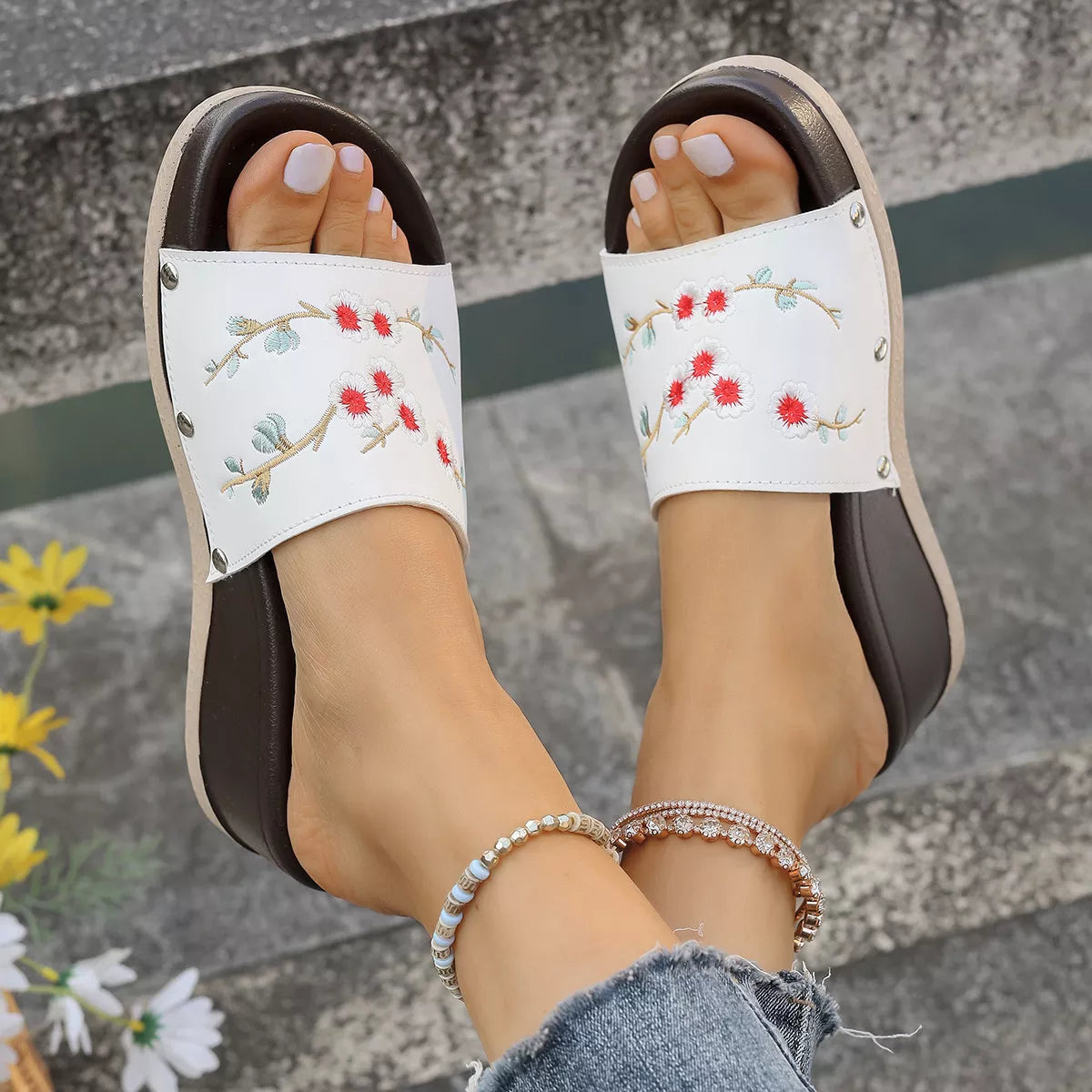 Floral Embroidered Wedge Sandals