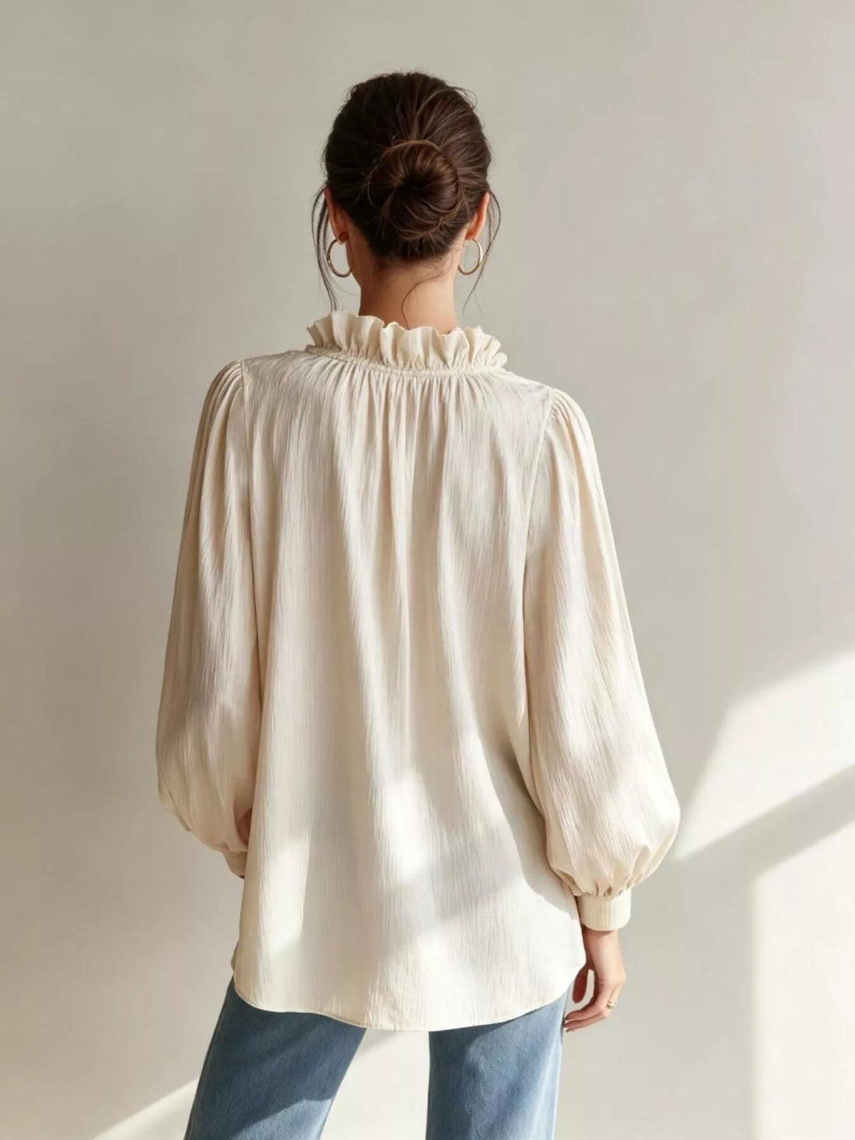 Frill Notched Long Sleeve Blouse