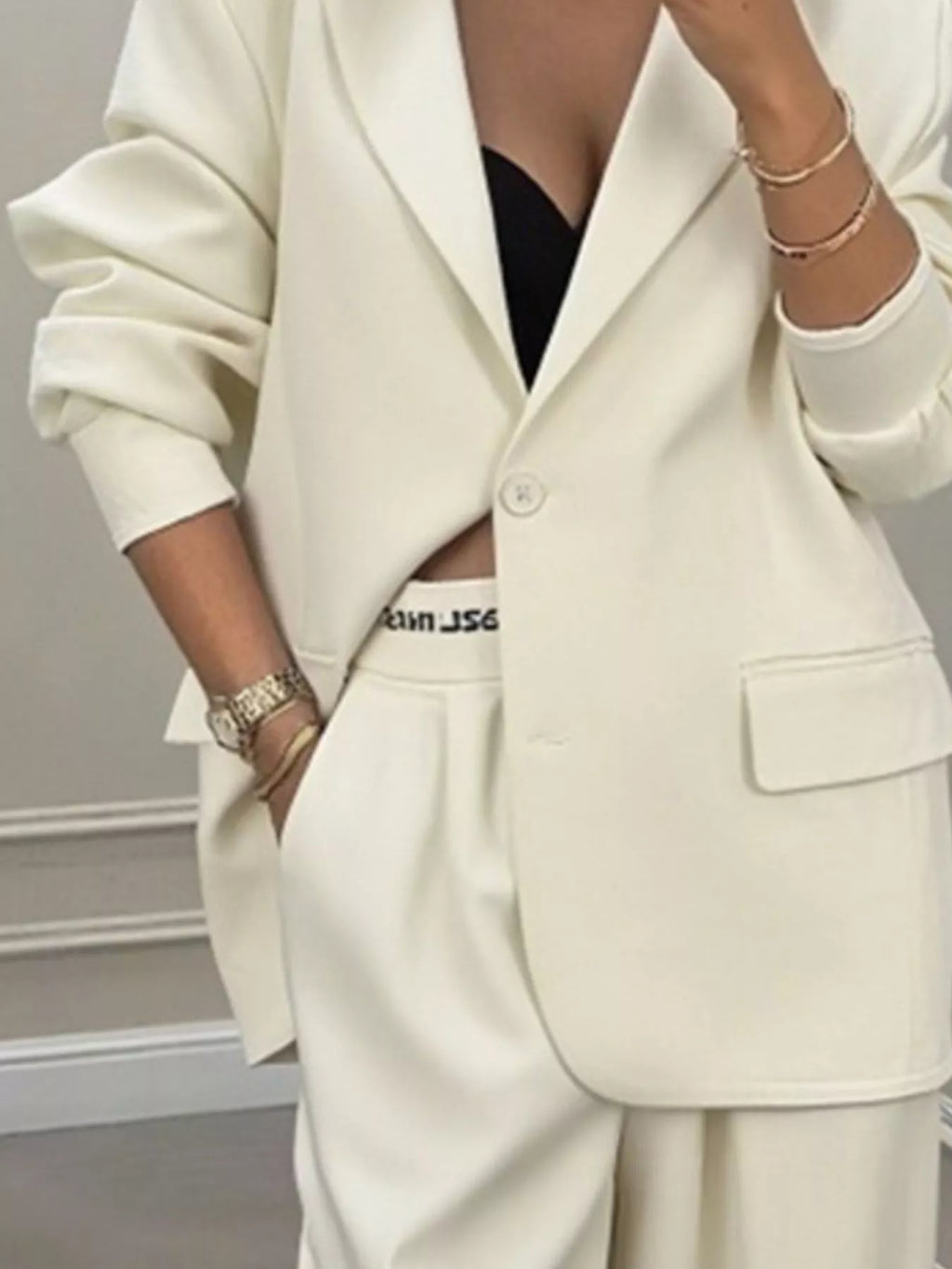 Full Size One Button Blazer and Wide-Leg Pants Set Plus Size