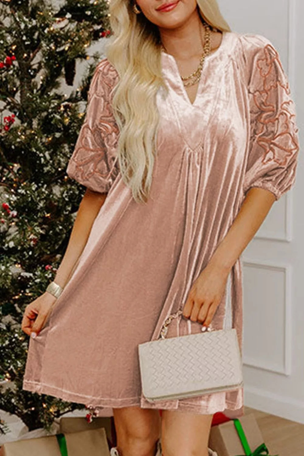 Embroidered‑Sleeve Velvet Mini Shift Dress