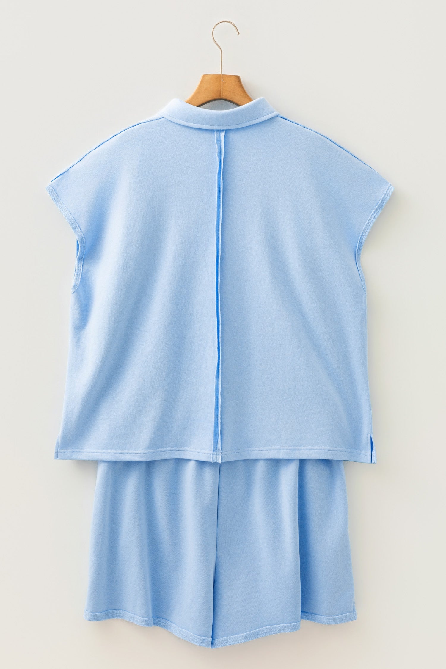 Mist Blue Solid Color Polo Tee Elastic Waist Shorts Plus Size Outfit