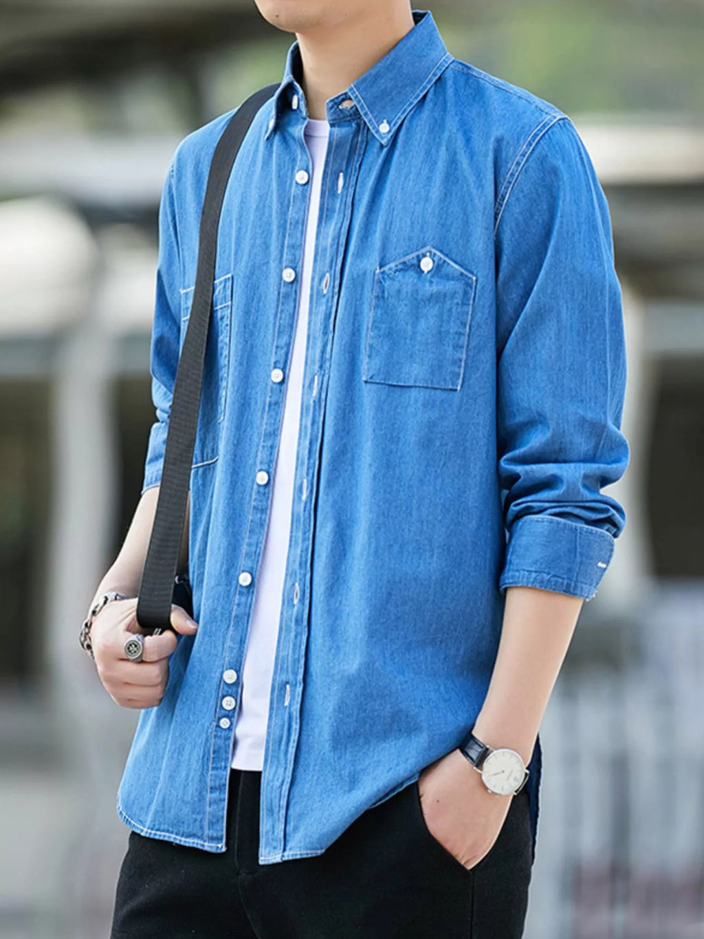 Men's Full Size Casual Long Sleeve Denim Shirt with Pockets Plus Size