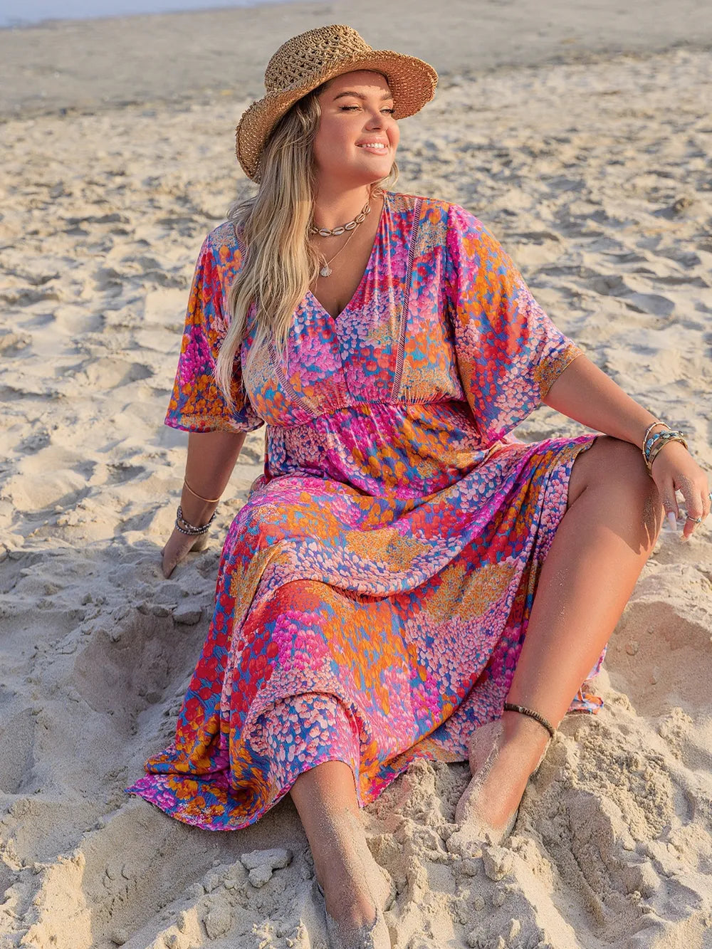 Printed V-Neck Half Sleeve Maxi Dress
