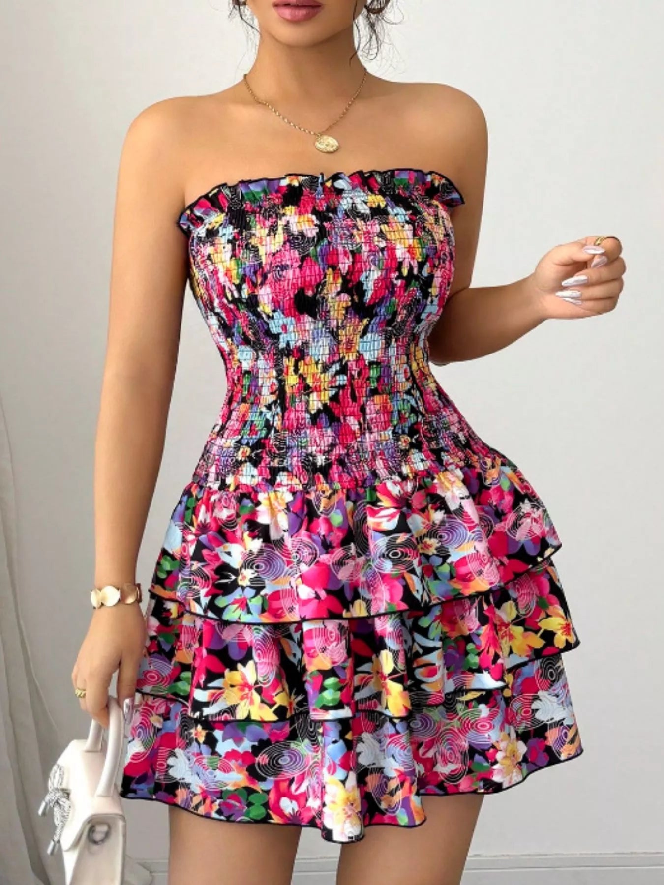 Strapless Smocked Floral Tiered Mini Dress