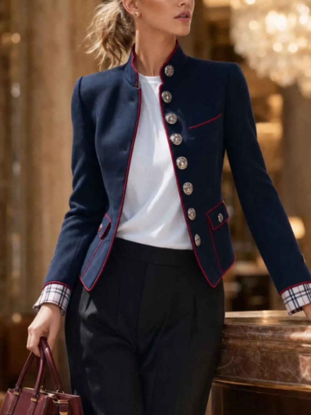 Military-Inspired Stand Collar Jacket with Red Piping