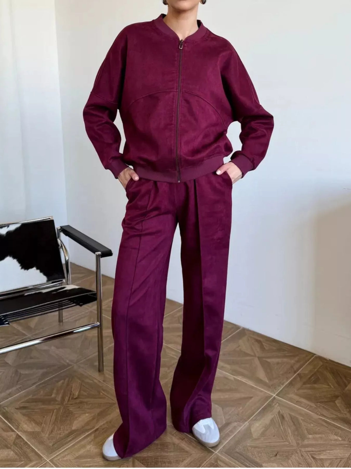 Zip Up Sweatshirt and Wide-Leg Pants Set