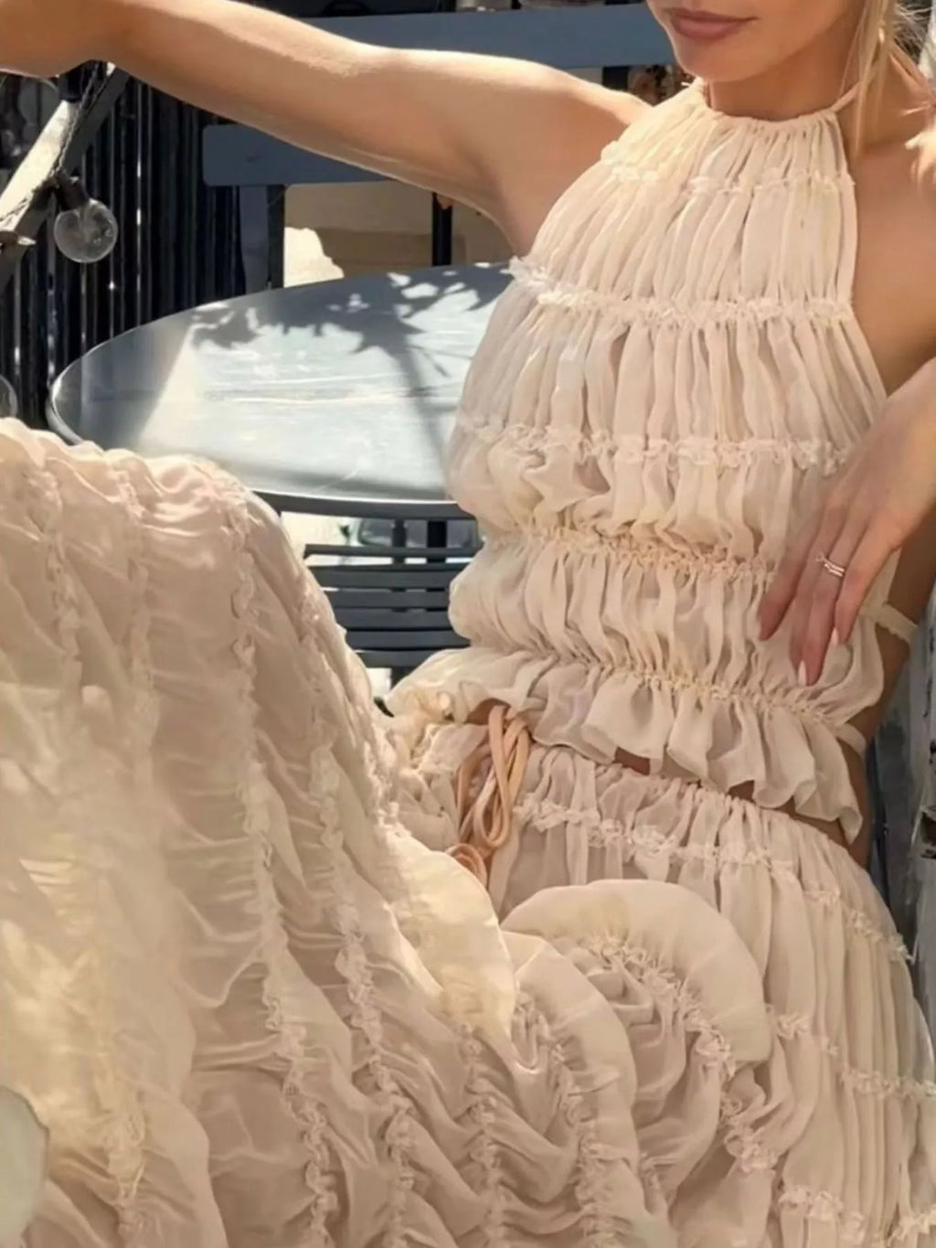 Boho Chic Ruffled Halter Crop Top and Maxi Skirt Set