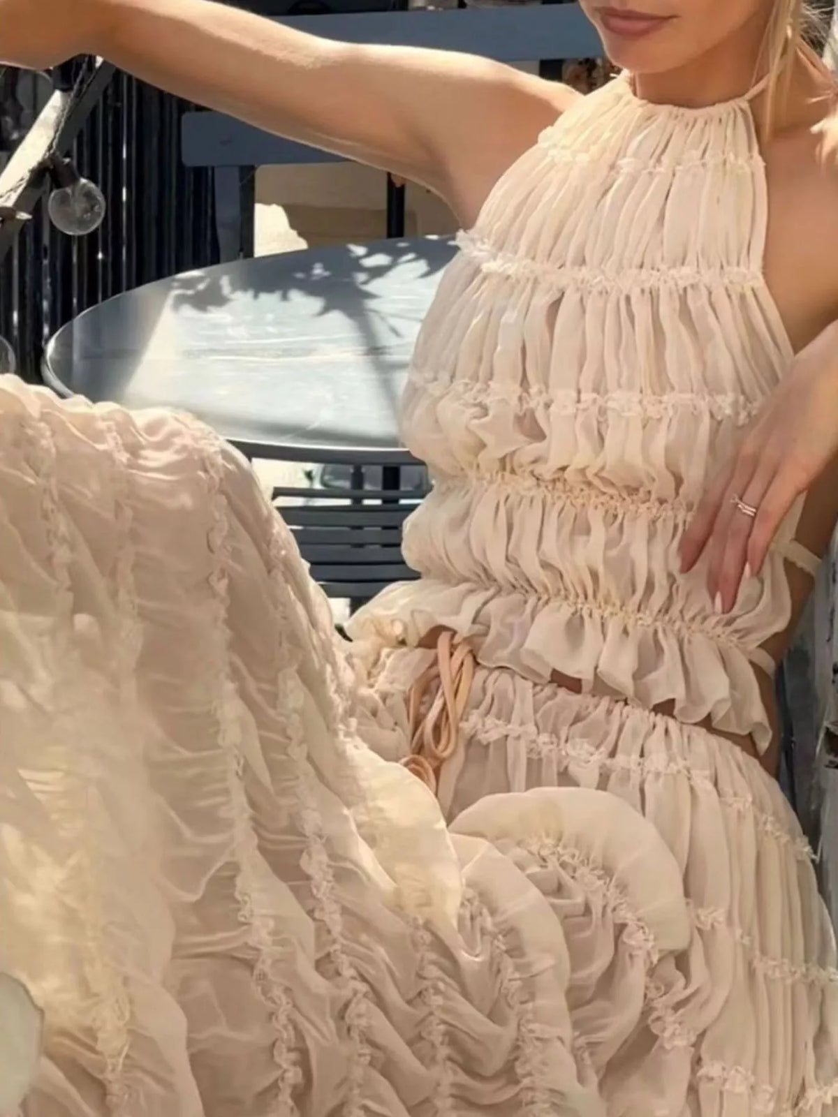 Boho Chic Ruffled Halter Crop Top and Maxi Skirt Set