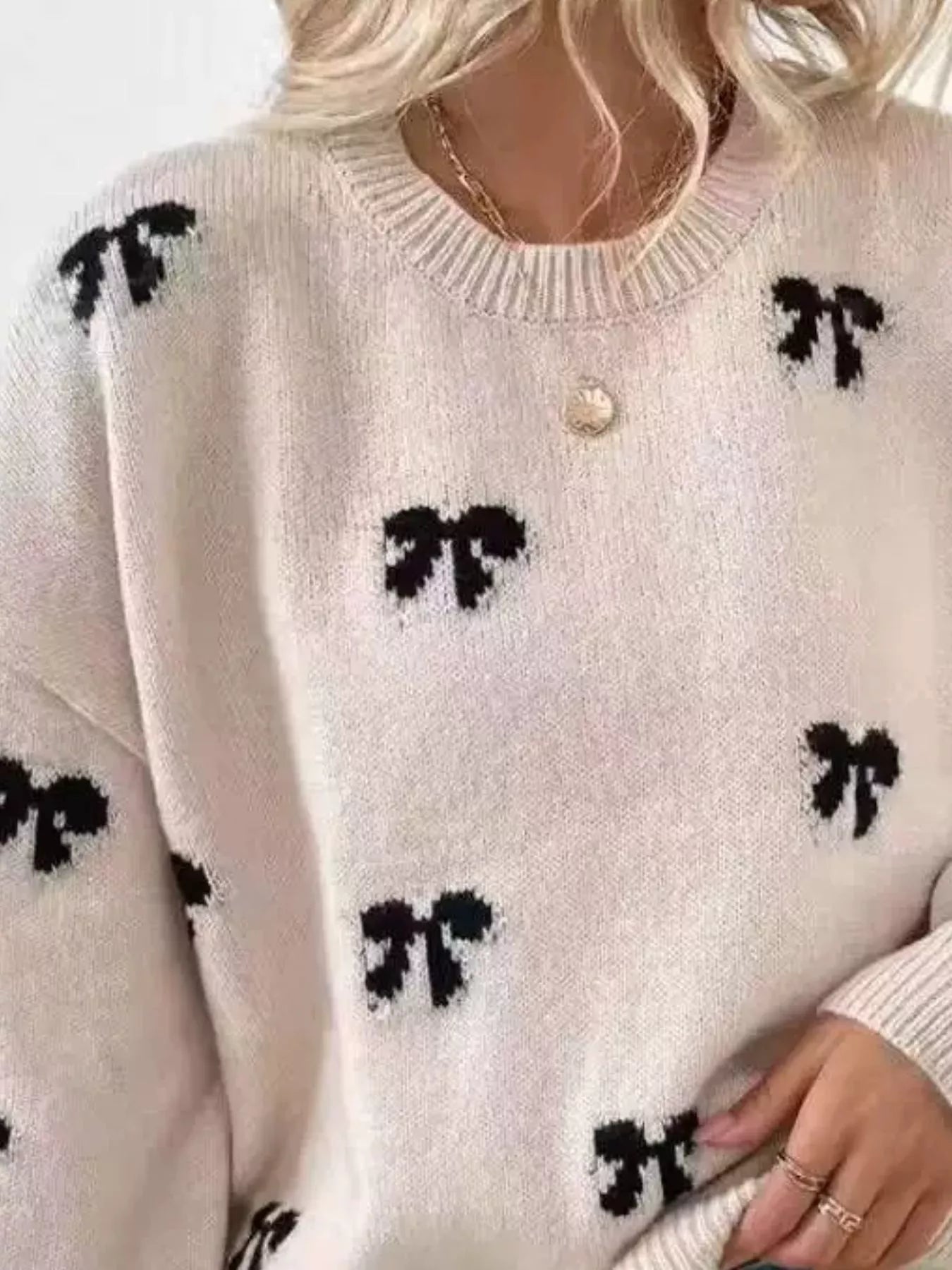 Bow Round Neck Dropped Shoulder Sweater