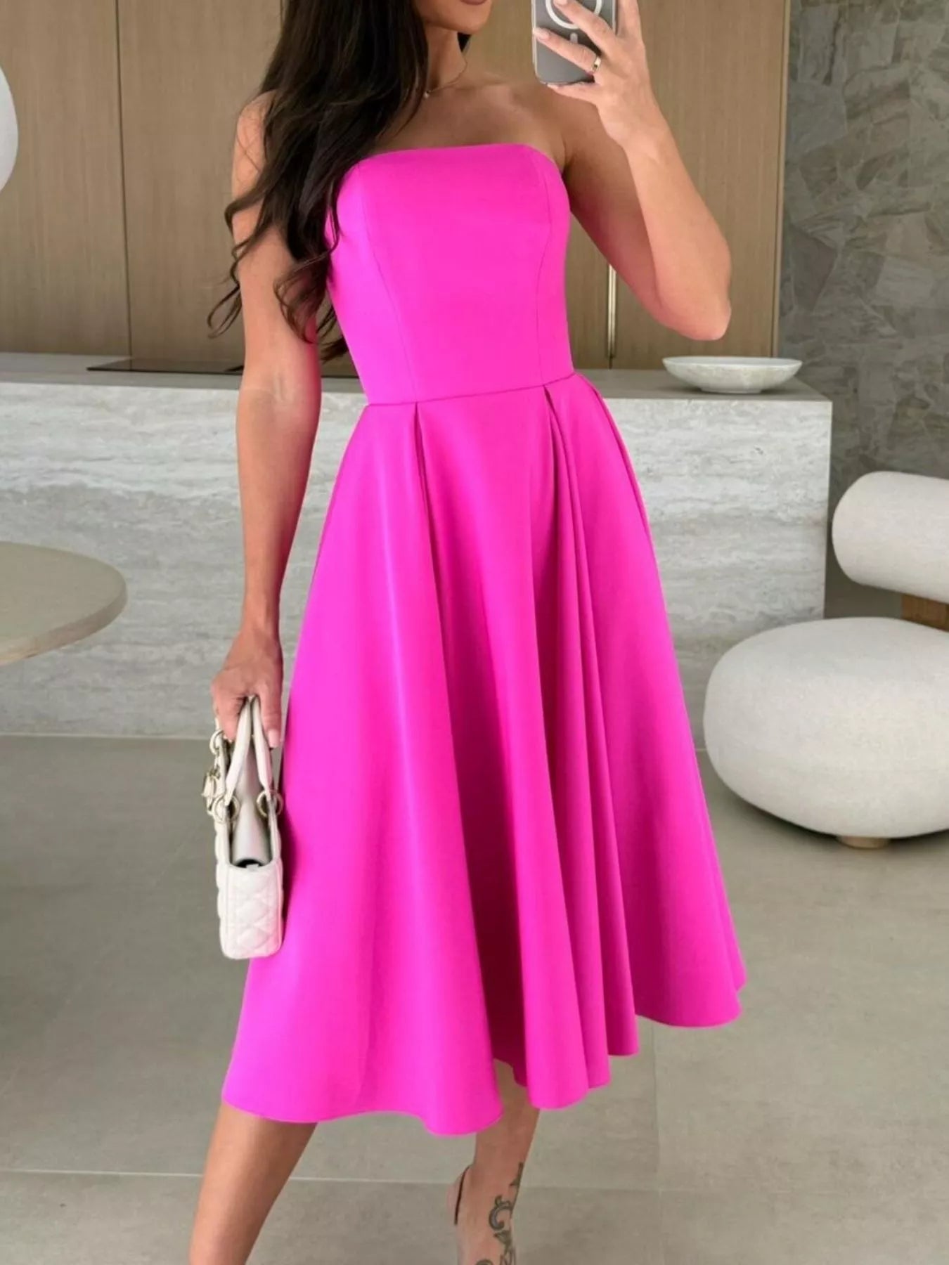 Strapless Ruched A-Line Midi Dress