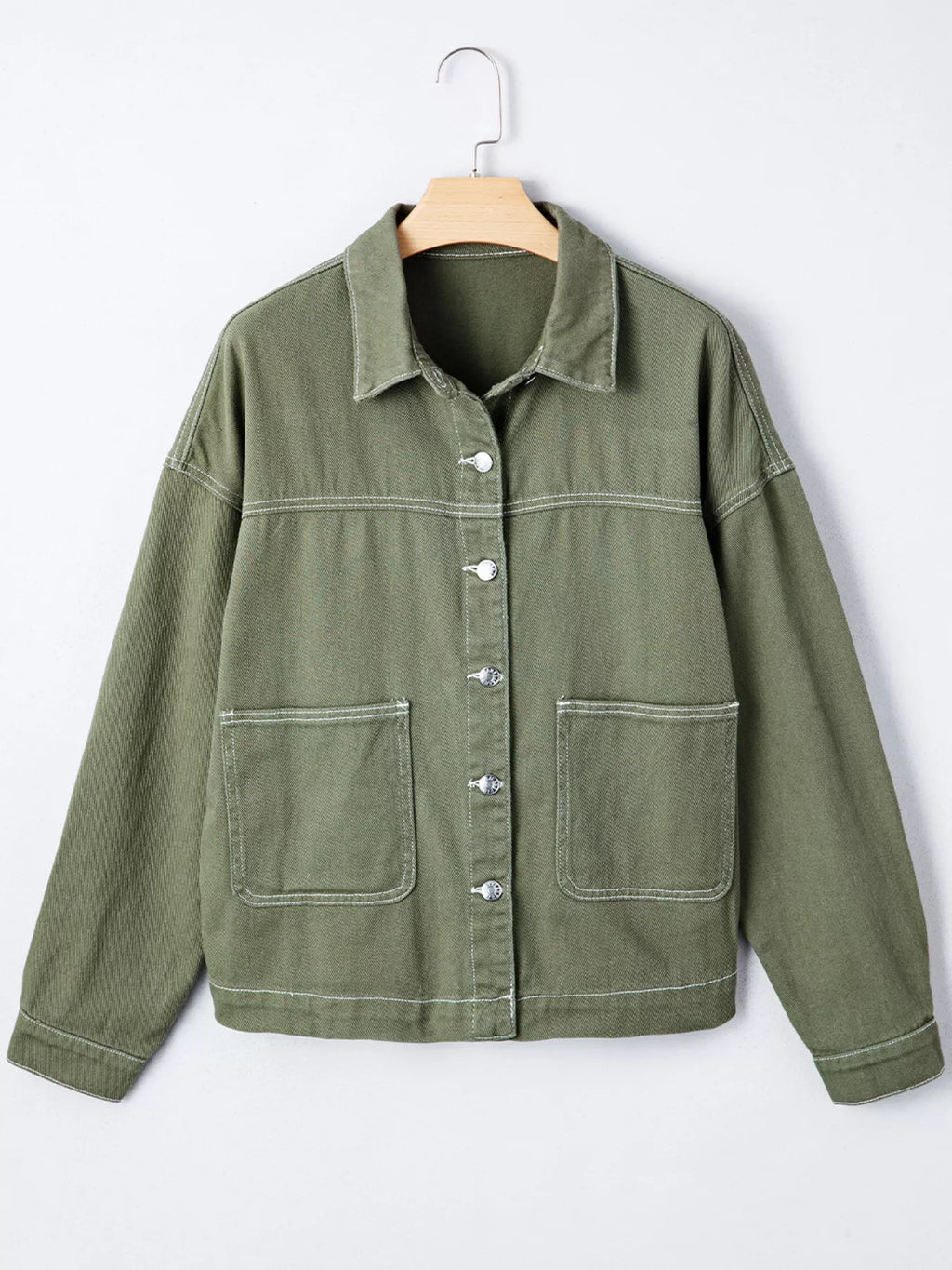 Patched Pocket Collared Button Front Boyfriend Denim Jacket