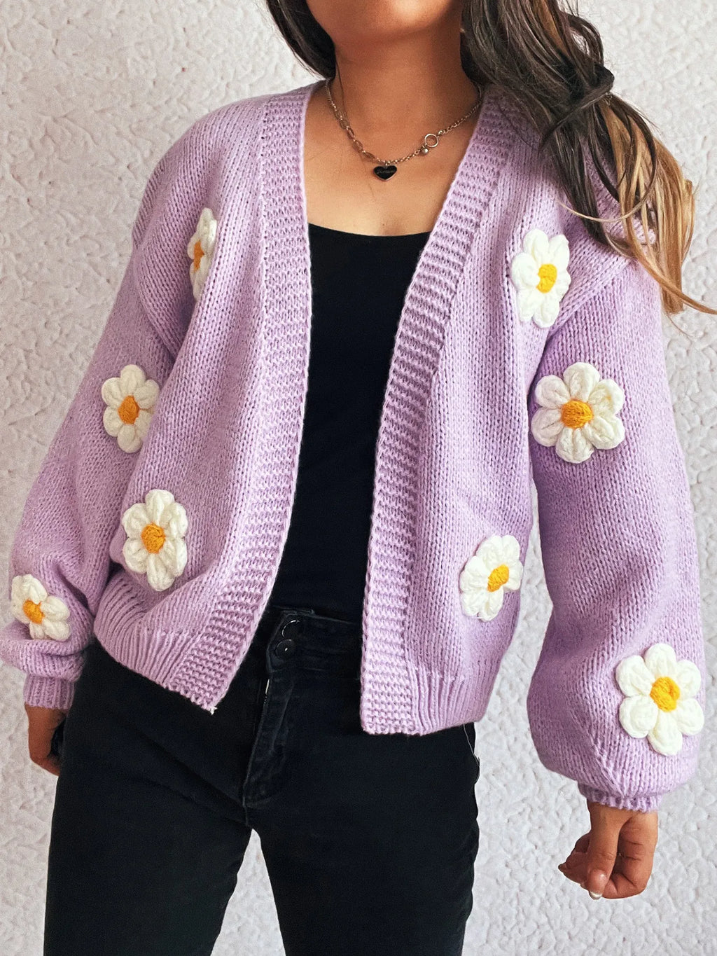Flower Open Front Long Sleeve Cardigan