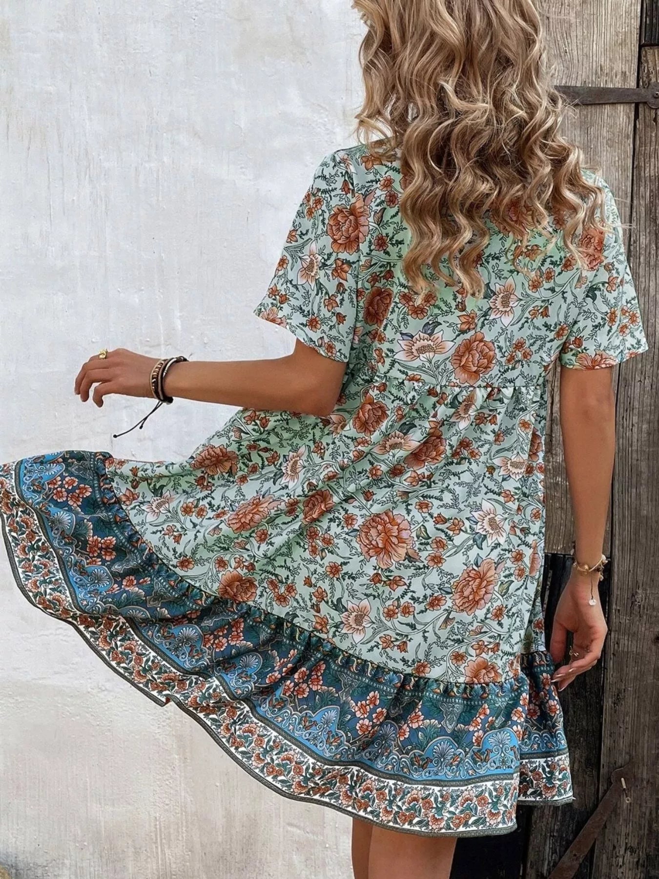 Floral Print Tie-Neck Ruffle Hem Mini Dress